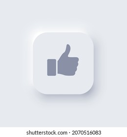 Neomorphism button icon vector illustration. 3d neomorphic web interface element of square shape with rounded corners, hand thumbs up and shadow, user menu design isolated on white background