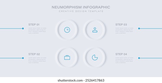 Infografía de diseño de neomorfismo, ilustración de línea de tiempo de 4 pasos. Diseño limpio mínimo con iconos