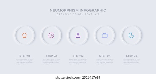 Infográfico de design de neomorfismo, ilustração de linha do tempo em 5 etapas. Design minimamente limpo com ícones