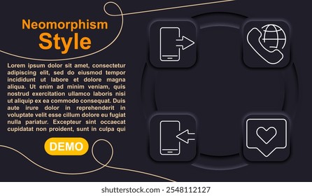 Diseño de neomorfismo. Iconos de interfaz minimalistas con sombras suaves y bordes brillantes para llamadas, mensajes y conectividad global en un diseño de temática oscura.
