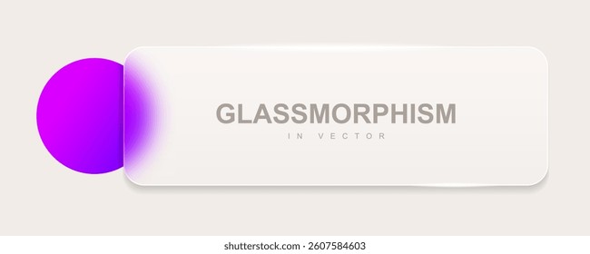 Neomorphism effect with rectangular frosted glass and purple blurred ball on beige background. Vector illustration.