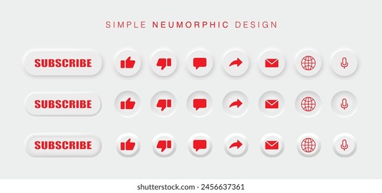 Neomorfismo y Neumorfismo Diseño Estilo. Botones de Vector 3D para Me gusta, No me gusta, Comentario, Compartir, Enlace, Mensaje, Grabación de voz y Notificaciones. Esqueomorfismo simple icono de medios sociales. Vector.