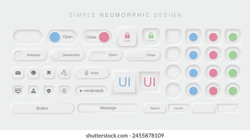 Neomorphismus und Neumorphismus Design Stil Flüssige Kunststoff-Schnittstelle Hintergrund. Weiße und graue Farbe für einfache futuristische Neo-Morphismus Form Elemente Design. Skeuomorphismus und Flat Style. Vektorgrafik.