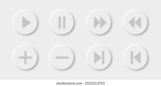 Neomorphism play button icons. Soft UI music player button. Vector. Interface screen, minimalist buttons.