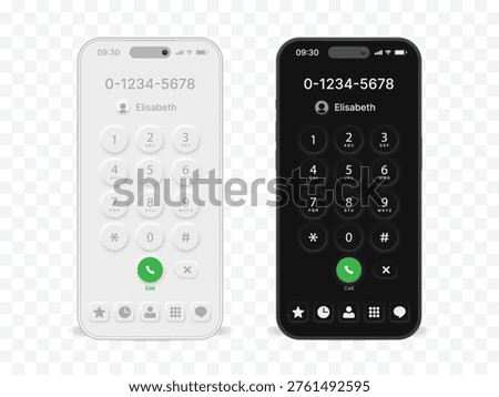 Neomorphism Smartphone Dial Pad UI Mockup Light and Dark Mode, Mobile Phone Call Screen Interface Design Vector