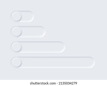 Neomorphism UI, slide bar set vector illustration. Neumorphic soft white slidebars with shadow for mobile app, soft switch panels of trendy buttons, neomorphic elegant minimalist web interface