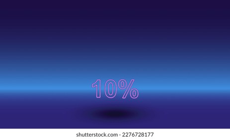 Neon 10 percent symbol on a gradient blue background. The isolated symbol is located in the bottom center. Gradient blue with light blue skyline