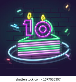 Neon 10 years anniversary candle on cake. Night illuminated wall for social network post or logo. Square illustration on brick wall background.