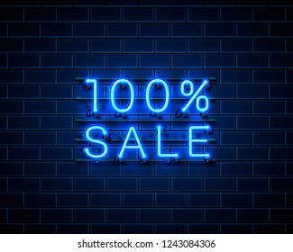 Neon 100 sale text banner. Night Sign. Vector illustration