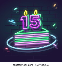 Neon 15 years anniversary candle on cake. Night illuminated wall for social network post or logo. Square illustration on brick wall background.