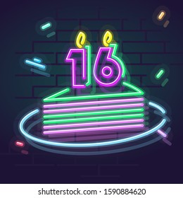 Neon 16 years anniversary candle on cake. Night illuminated wall for social network post or logo. Square illustration on brick wall background.