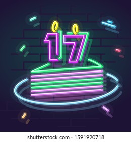 Neon 17 years anniversary candle on cake. Night illuminated wall for social network post or logo. Square illustration on brick wall background.