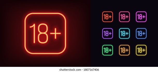 Neon 18 plus icon. Glowing neon 18 age sign, adult content in vivid colors. Under 18 restriction in social media, game, cinema and advertisement. Icon set, sign, symbol for UI. Vector illustration