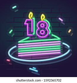 Neon 18 years anniversary candle on cake. Night illuminated wall for social network post or logo. Square illustration on brick wall background.