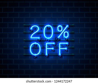 Neon 20 off text banner. Night Sign. Vector illustration