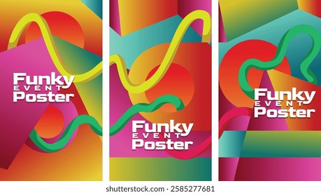 Neon 2000s Geometric Gradient Poster Design. abstract geometric gradient  with bold lines 2000s millenium style screen size set template vector illustration.