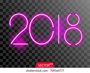 Neon 2018 new year numbers in violet color. Vector illustration on transparent background.