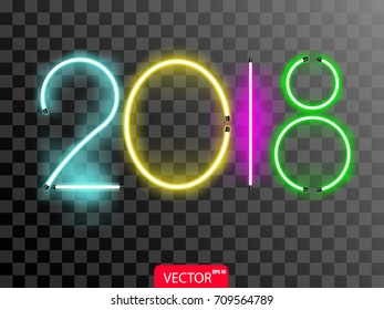 Neon 2018 new year numbers in violet, yellow, blue and green color. Vector illustration on transparent background.