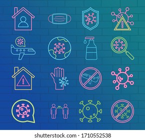 neon 2019 ncov outbreak pandemic, coronavirus, prevention, control disease icons vector illustration