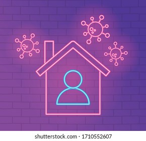 neon 2019 ncov outbreak pandemic, stay at home recommendation vector illustration