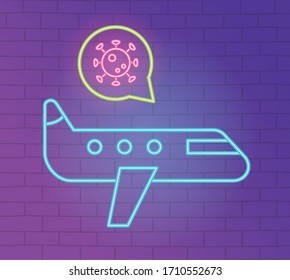 neon 2019 ncov outbreak pandemic, avoid travel airplane transport vector illustration