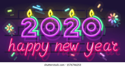 Neon 2020 candles poster. Night illuminated wall street sign for post or card. Square illustration on brick wall background.