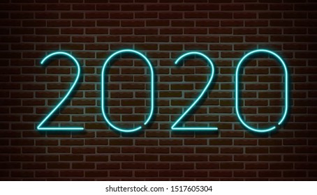 Neon 2020 new year signs vector isolated on brick wall. New year party light symbol, text decoration effect. Neon 2020 illustration.