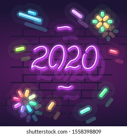 Neon 2020 poster. Night illuminated wall street sign for post or card. Square illustration on brick wall background.