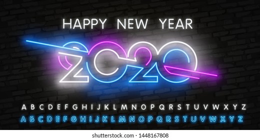 Neon 2020 symbol on luminous neon background. Neon 2020 Happy new year. Vector illustration witn realistic blue and pink neon tubes on walls. Light Happy new year.