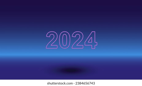 Neon 2024 year symbol on a gradient blue background. The isolated symbol is located in the bottom center. Gradient blue with light blue skyline
