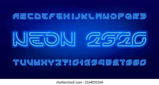 Neon 2320 Alphabet Font. Futuristic Neon Letters, Numbers And Symbols. Stock Vector Typescript For Your Design.