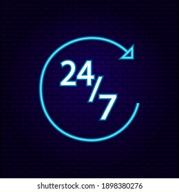 Neon 24 7 Service open 24h hours a day and 7 days a week. Glowing night club, bar cafe entrance symbol. Bright blue lamp electric illuminated decoration vector illustration