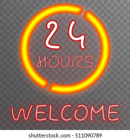A neon 24 hours welcome sign glowing yellow in the window. Transparent background. Vector illustration