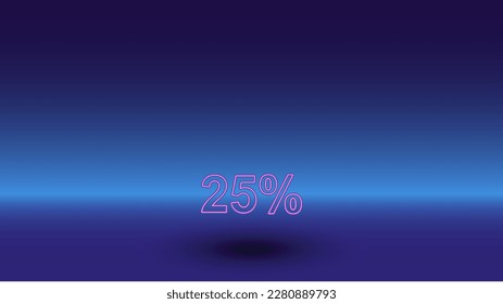 Neon 25 percent symbol on a gradient blue background. The isolated symbol is located in the bottom center. Gradient blue with light blue skyline