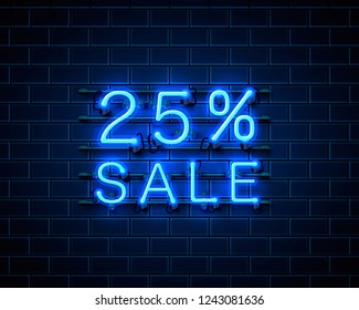Neon 25 sale text banner. Night Sign. Vector illustration