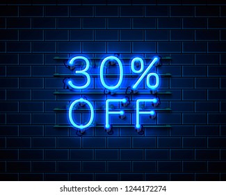 Neon 30 off text banner. Night Sign. Vector illustration