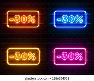 Neon 30 off text banner color set. Night Sign. Vector illustration