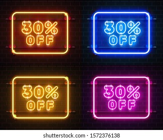 Neon 30 off text banner color set. Night Sign. Vector illustration