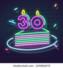 Neon 30 years anniversary candle on cake. Night illuminated wall for social network post or logo. Square illustration on brick wall background.