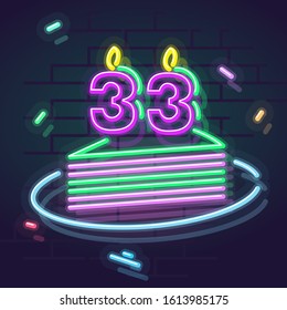 Neon 33 years anniversary candle on cake. Night illuminated wall for social network post or logo. Square illustration on brick wall background.