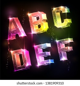 Neon 3D alphabet. Bright sparkling letters.