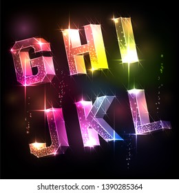 Neon 3D alphabet. Bright sparkling letters.