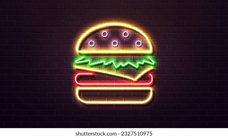 Neon 3d Burger mit Käseschnitt und Salat in einem Knochen in gelb-grün und rot auf dem Hintergrund einer Ziegelwand. Poster für Fast Food.