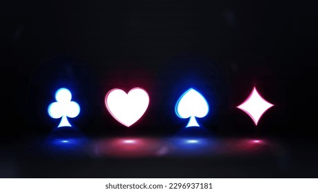 Símbolos neones de color 3D baraja de cartas sobre fondo negro. Trajes de cartas, póquer, blackjack, iconos de neón. Cartel de casino brillante.