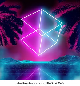 Neon 3d cube on retro background landscape. Glowing cube cosmos poster. Neon light box cube light. Future purple 80s sci-fi poster.