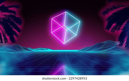 Cubo Neon 3d sobre paisaje de fondo retro. Afiche de cosmos cubo brillante. Luz del cubo de la caja de luz de neón. Futuro afiche de ciencia ficción morado de los años 80.