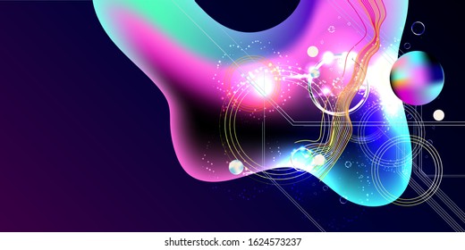 Neon 3d futuristic space background with planets and geometric elements. Abstraction background