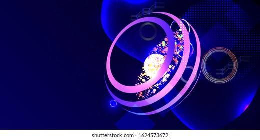 Neon 3d futuristic space background with planets and geometric elements. Abstraction background