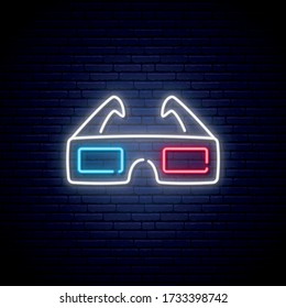 Neon 3D glasses sign. Bright glowing glasses icon.  Concept 3D cinema design. Stock vector illustration.
