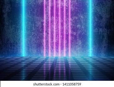 Neon 3D Glow Lights near the Dirty Grunge Wall, Futuristic Cyberpunk Room, Abstract Background with Blue and Violet Energy Lines, Conceptual Tomorrow Aesthetic Interior Style, Eps10 Vector Illustratio